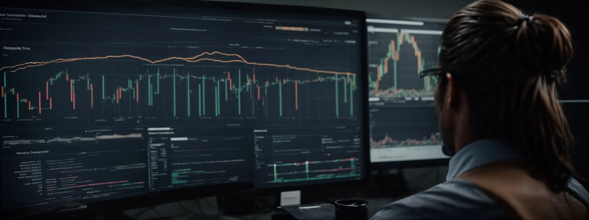 a businessperson analyzing complex charts and graphs on a computer screen representing website traffic and keyword trends.