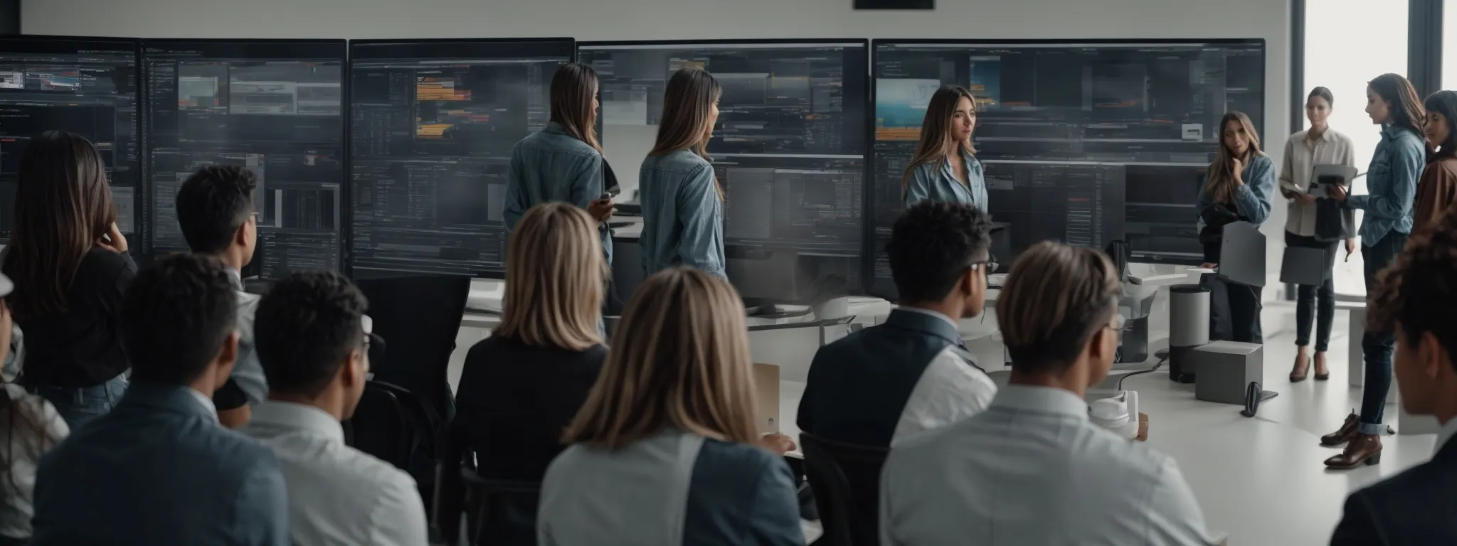 a group of diverse individuals actively engaging with a sleek, modern software interface on a large screen in a bright, collaborative workspace.