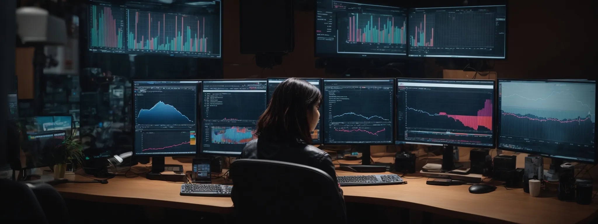 a person sitting at a modern desk with multiple computer screens displaying colorful graphs and social media analytics.