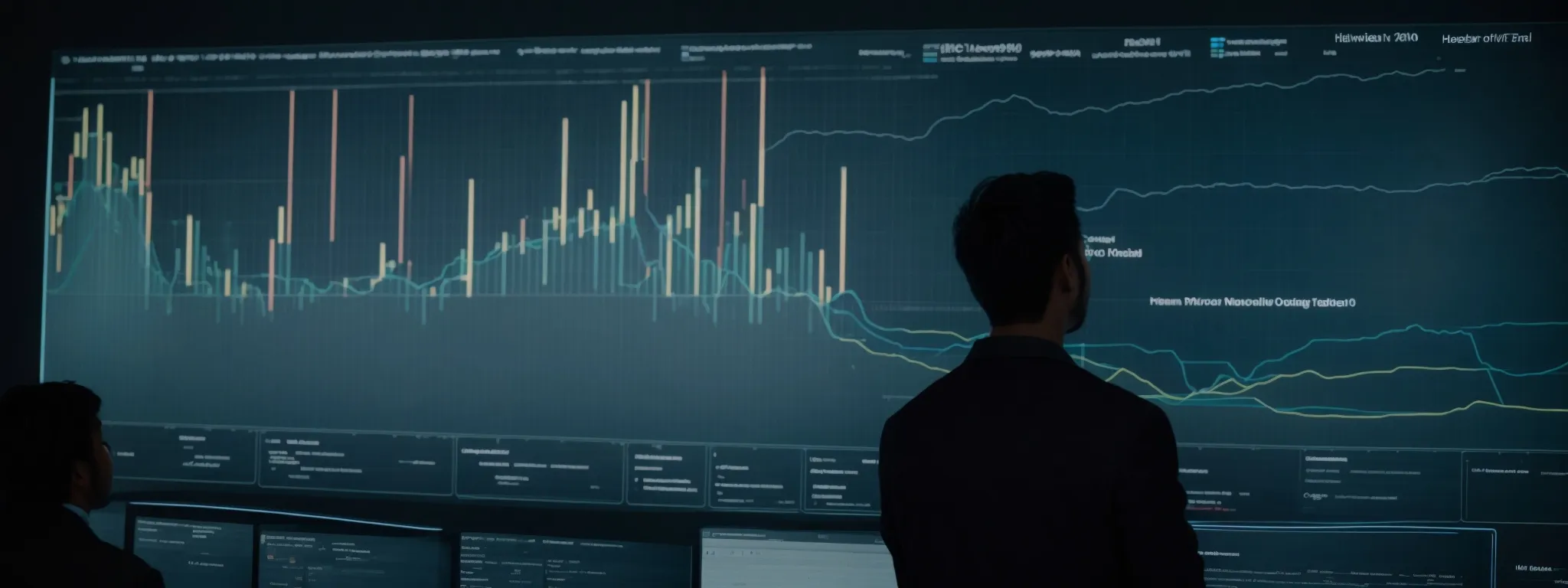 an individual analyzing data trends on a large interactive screen for marketing strategies.