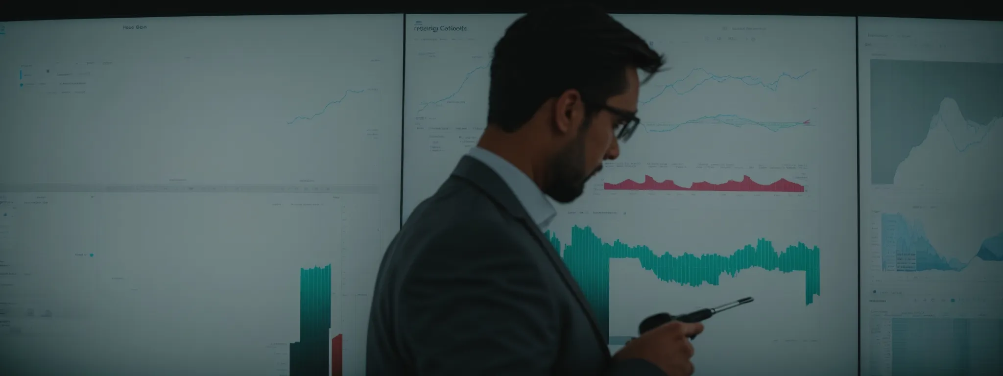 a professional analyzing a graph comparing various seo tools on a large screen.