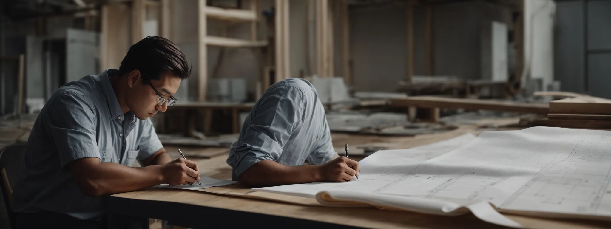an architect meticulously reviews blueprints for a sturdy building under construction.