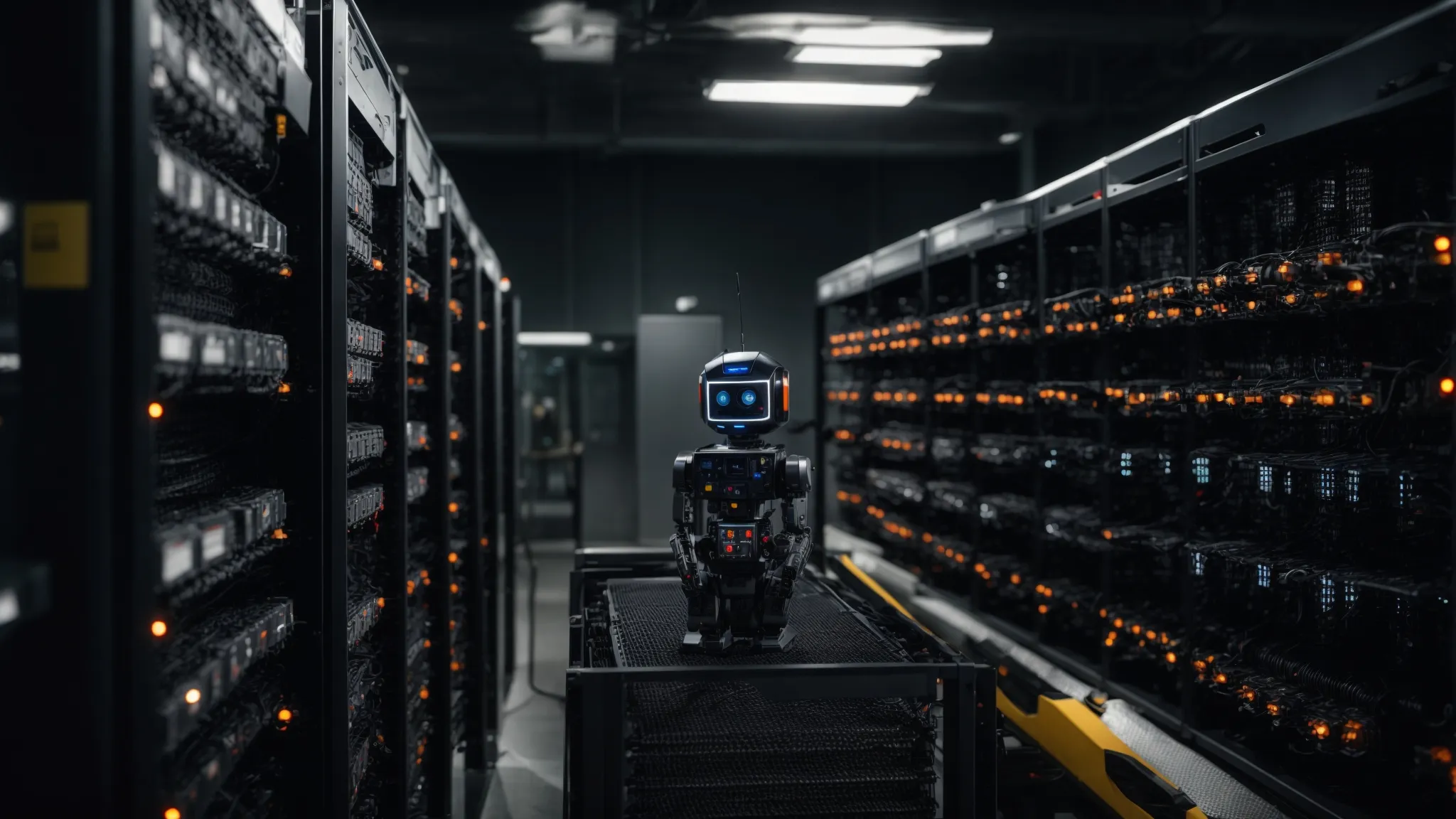 a robot scanning through a server rack, symbolizing search engine crawlers navigating a website.