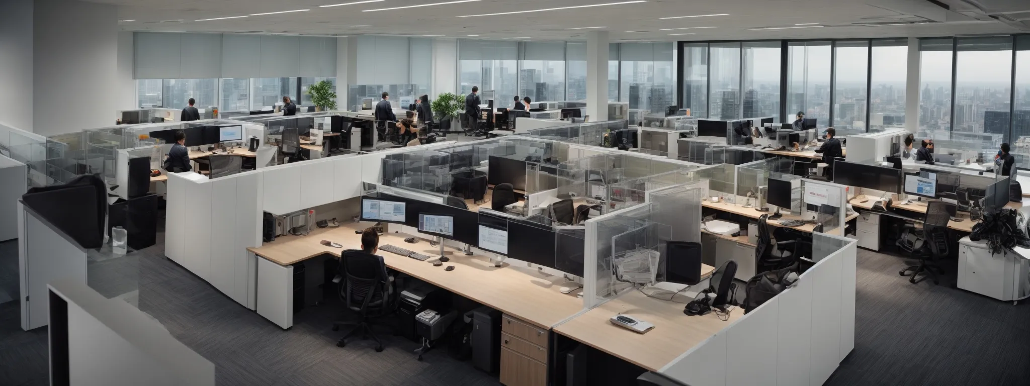a panoramic view of a contemporary office with an open layout, showcasing modern computers and employees engaging with advanced software systems.