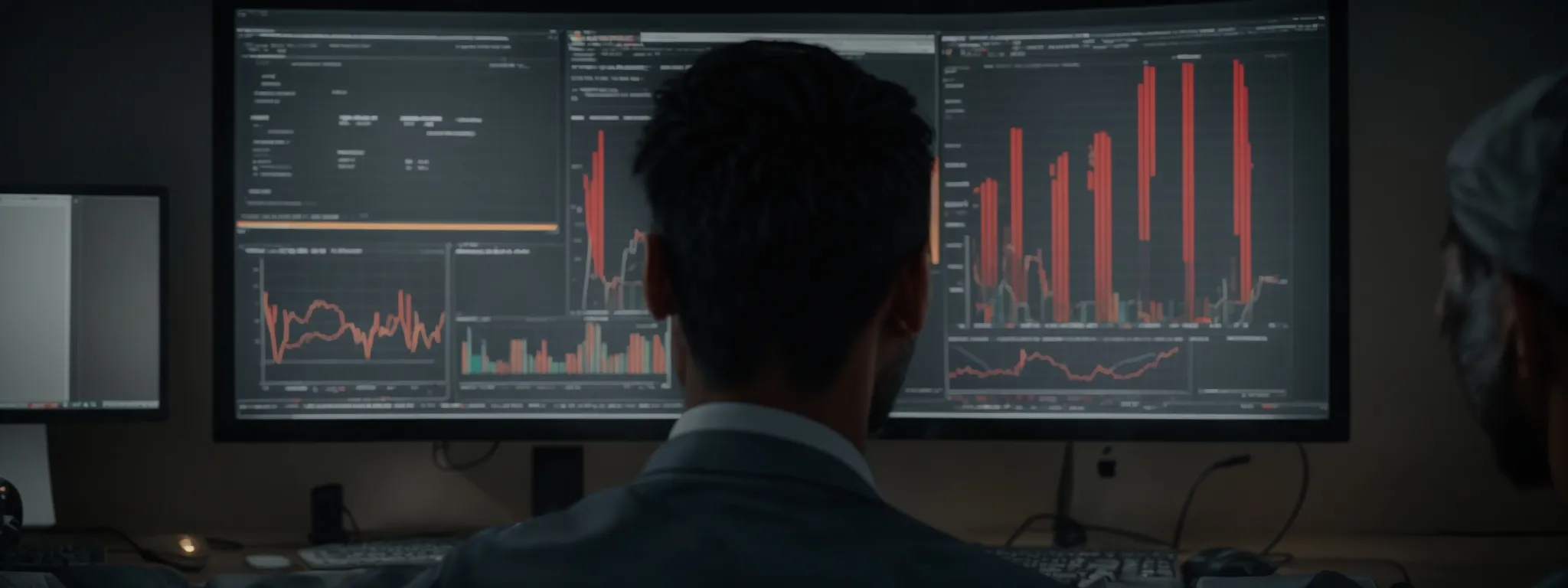 a person sitting at a modern desk intently observing a large computer screen displaying a web analytics dashboard.