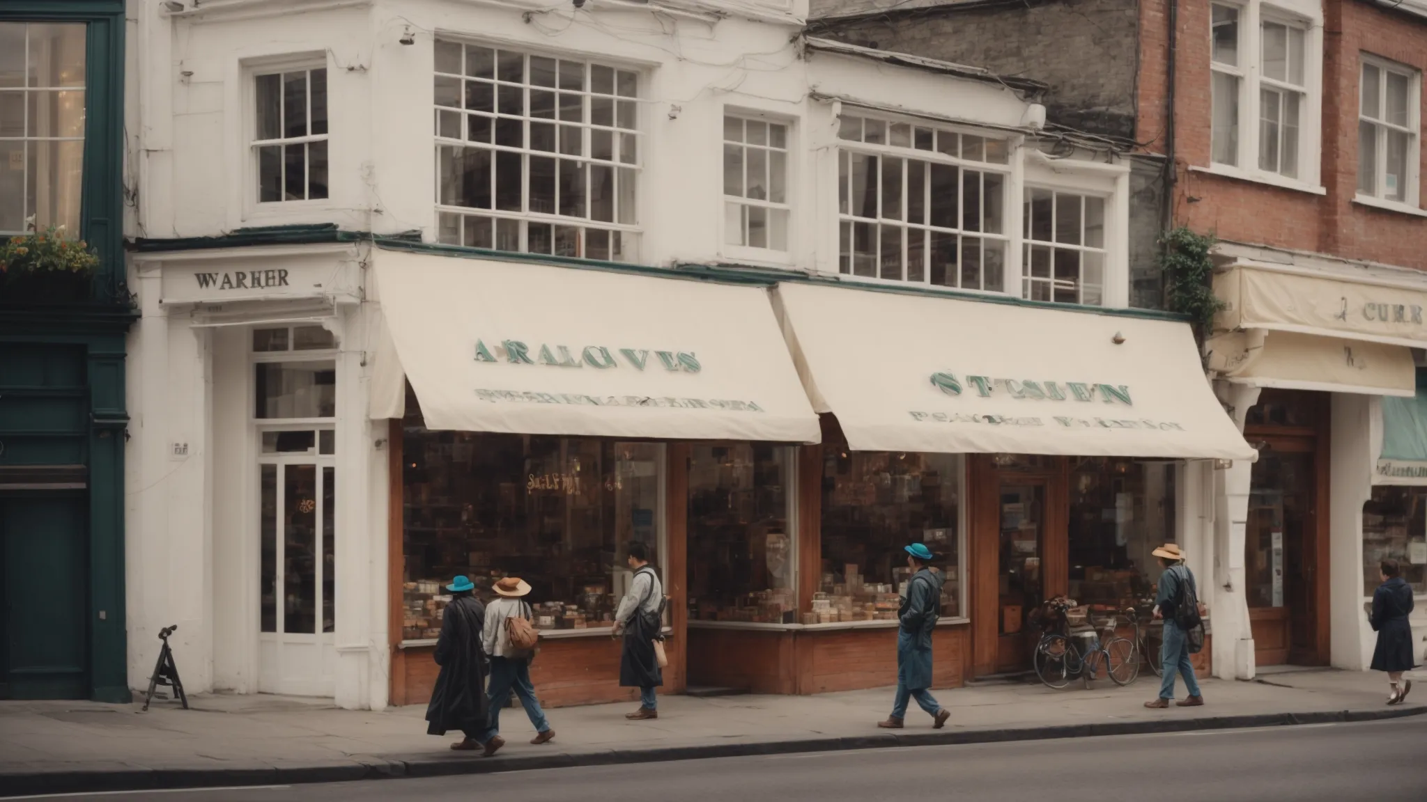 a local shopfront with a visible storefront sign, bustling with activity as pedestrians casually explore a quaint commercial street.