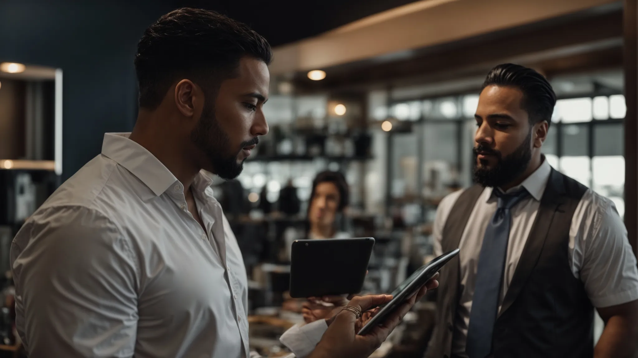 a confident professional stands before a local business owner, presenting an seo strategy on a tablet.