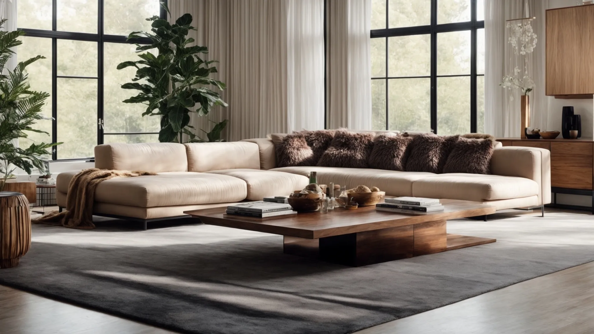 a sleek, modern living room bathed in natural light showcasing elegant furnishings and artful decor.