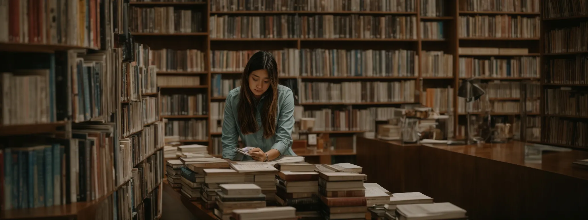 a librarian organizing books into thematic sections within a brightly lit library.