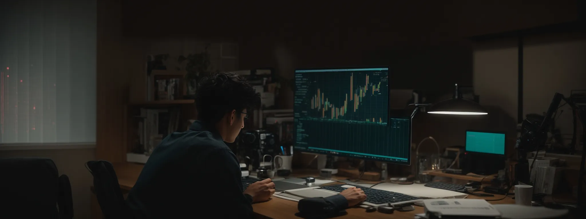 a person sitting at a computer, analyzing data graphs while listening to a podcast.