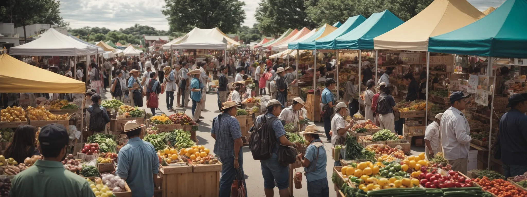 a bustling local farmers market with vibrant booths and a diverse crowd engaging with community vendors.