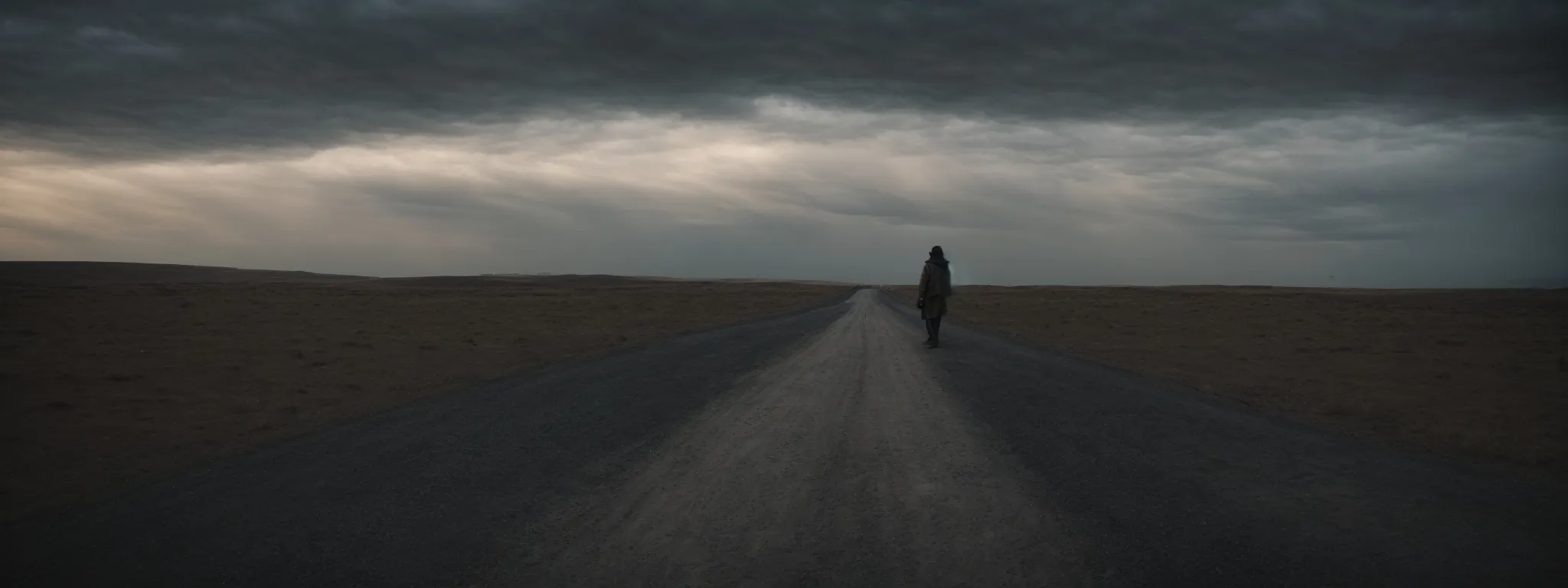 a figure stands at a crossroads with shadowy paths leading to obscured horizons under a dynamic sky.