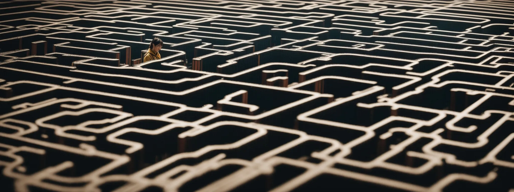 a person in front of a giant, intricately structured maze resembling a circuit board, symbolizing the complexity and navigational challenge of understanding google's search algorithms.