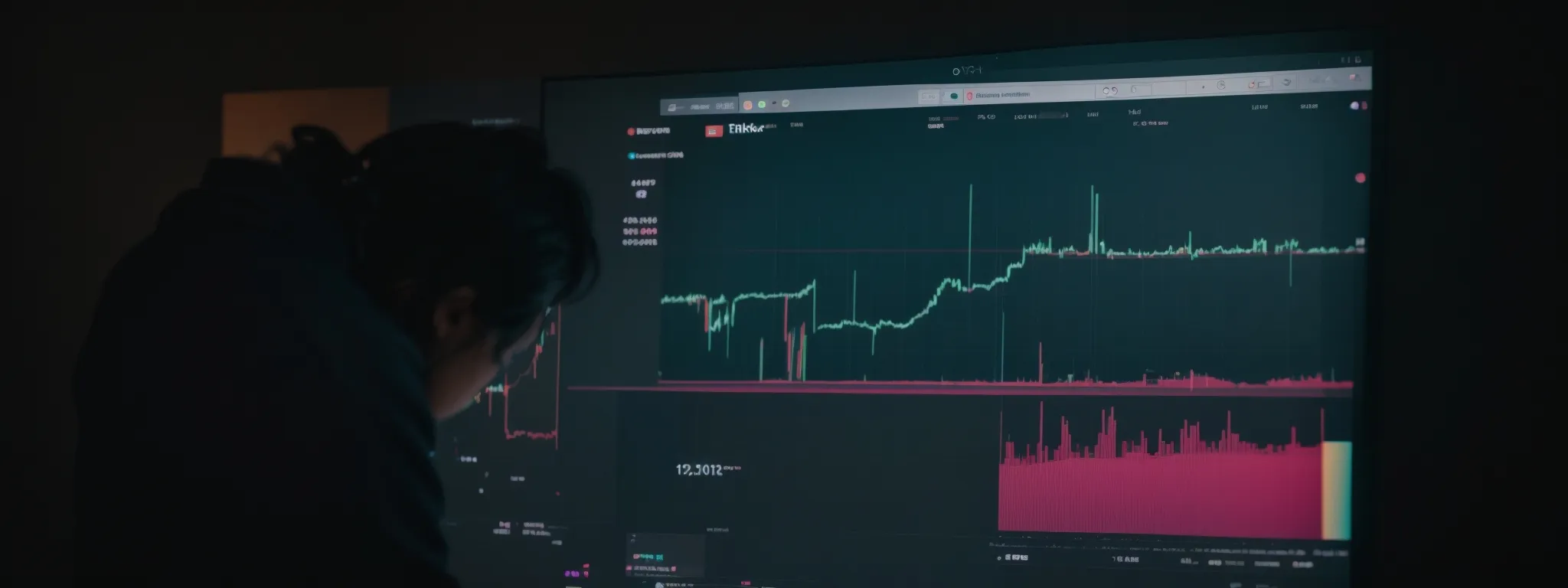 a person scrutinizing a brightly lit screen displaying the tiktok interface with an enigmatic analytic chart in the background.