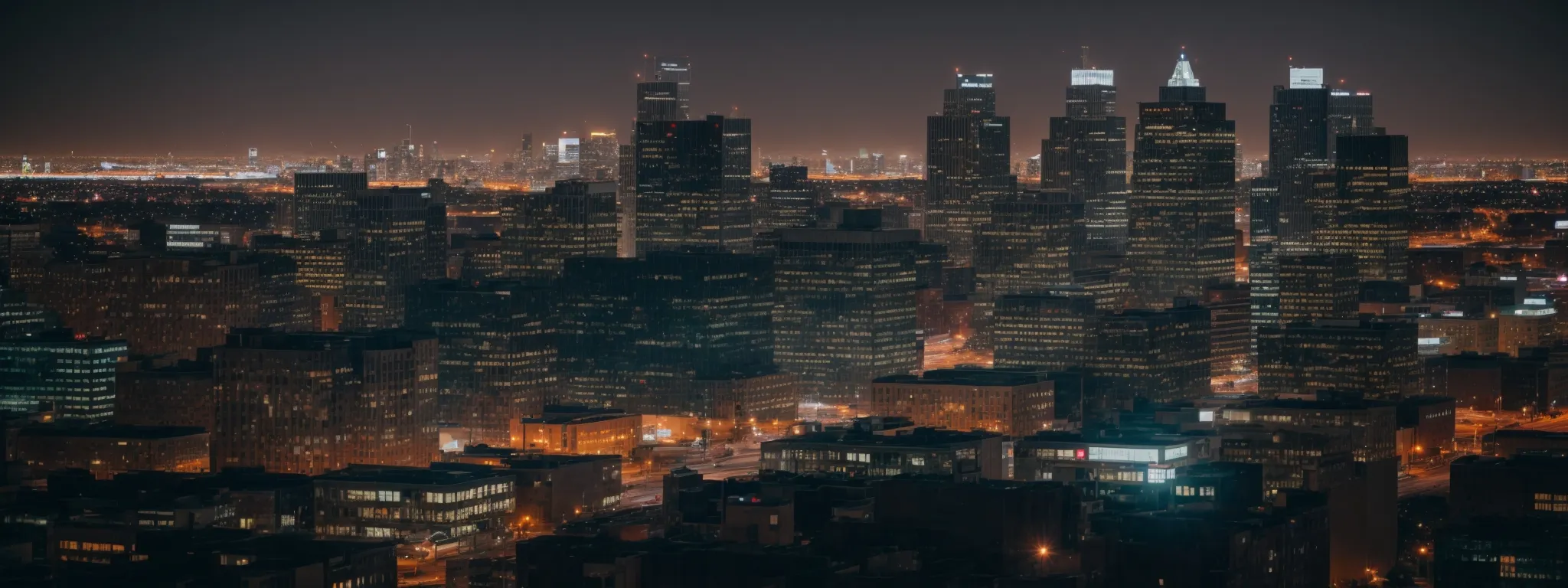 a skyline view of detroit at twilight, with glowing screens reflecting social media platforms in office windows.