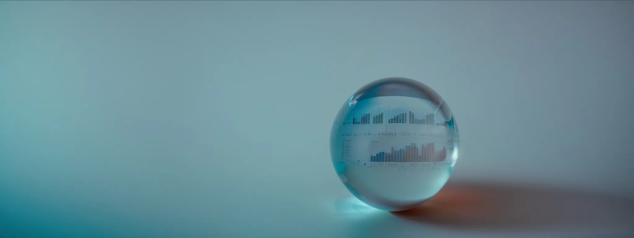 a crystal ball resting on a reflective surface amid financial charts and graphs, symbolizing forecasting in ppc bid management.