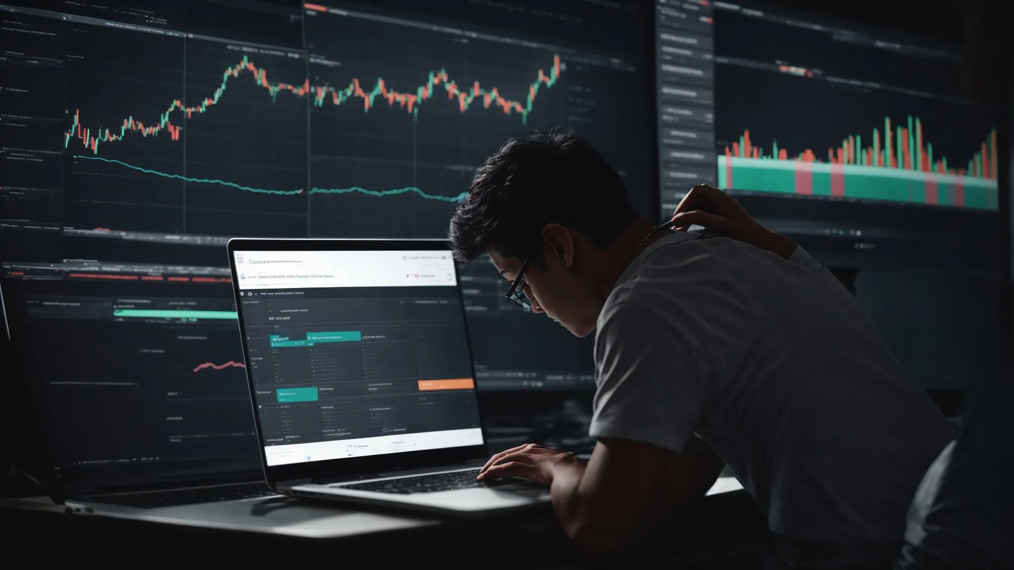 a person working on a laptop with visible charts and analytics on the screen, symbolizing seo performance tracking for a woocommerce website.