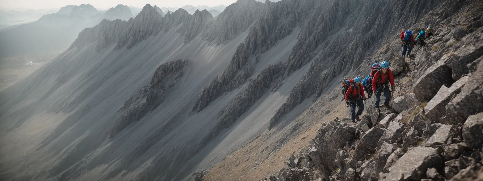 a team of climbers ascending a steep, rugged mountain against a clear sky.