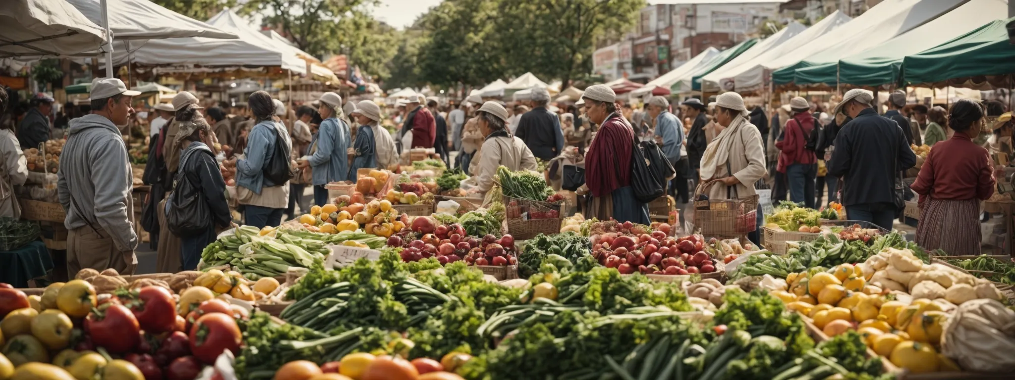 a bustling farmers' market with vibrant stalls and engaged shoppers illustrates the spirit of community and local business synergy.