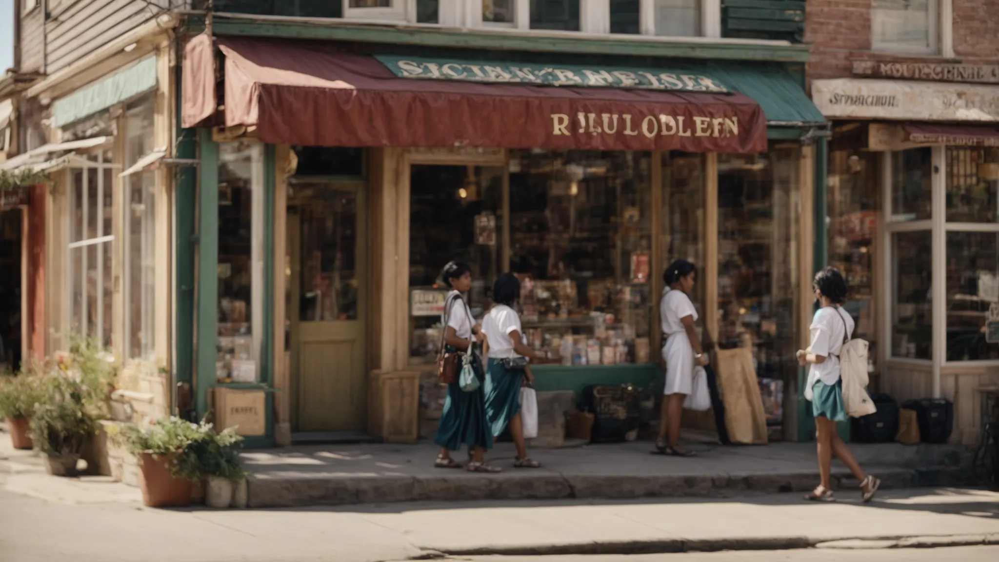 a group of diverse local storefronts along a bustling, picturesque main street.