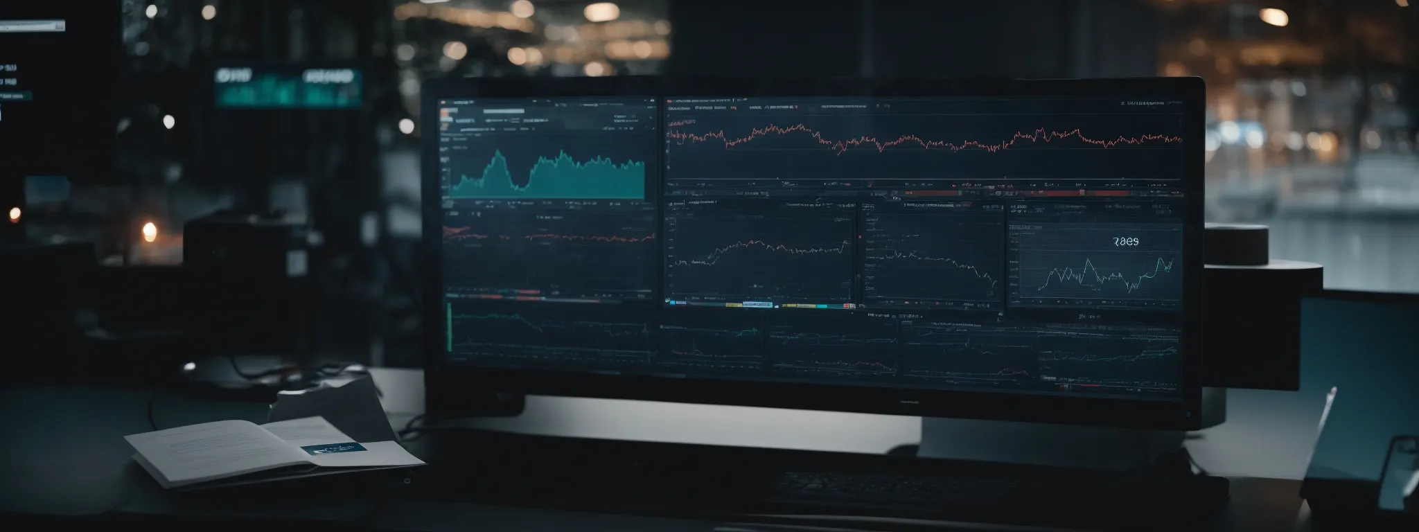 a computer screen displays a complex seo analytics dashboard while ai algorithms process data in the background.