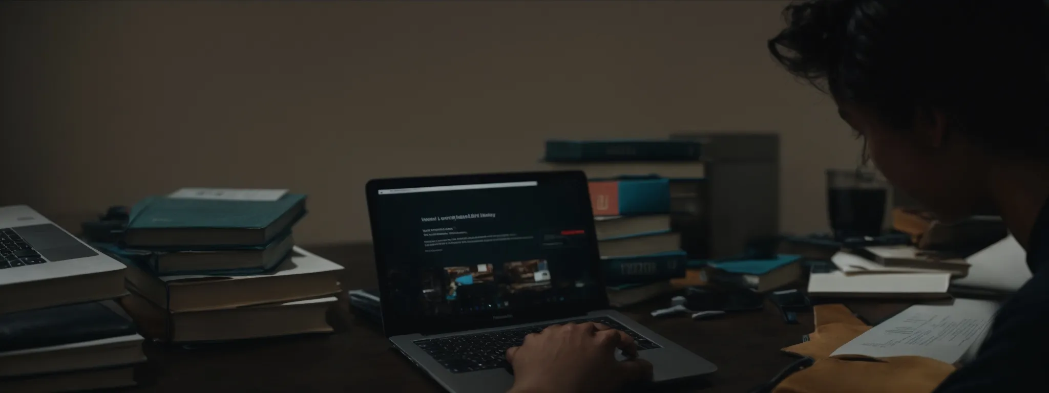 a person typing on a laptop with a stack of books beside them, symbolizing research and content creation.