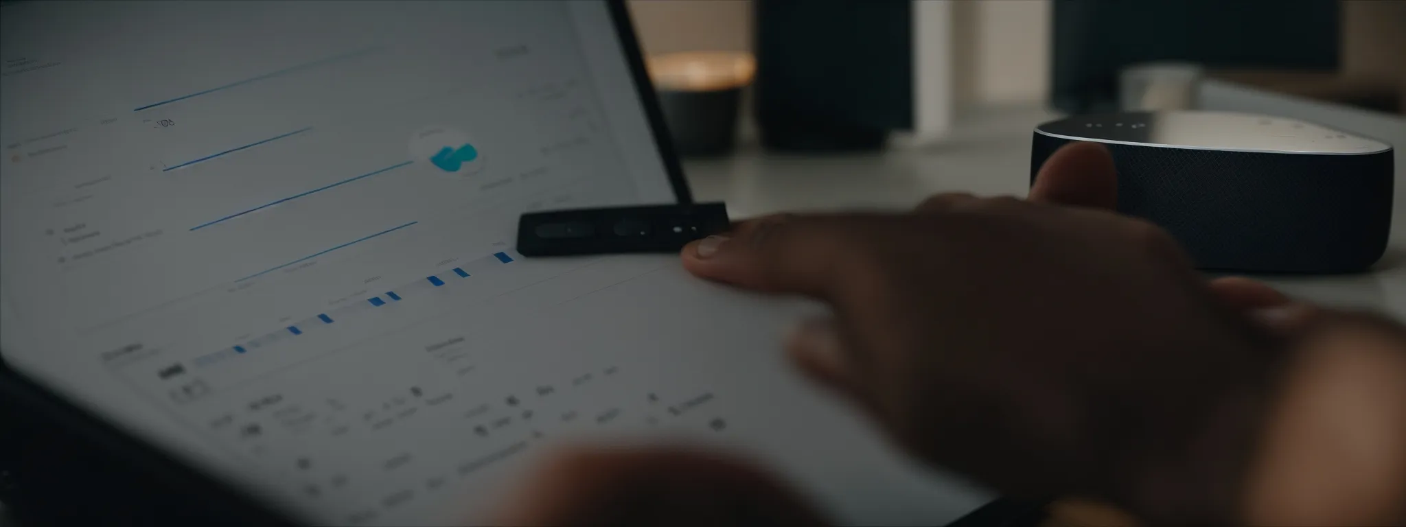 a person speaking into a smart speaker while reviewing a graph on a digital marketing dashboard.