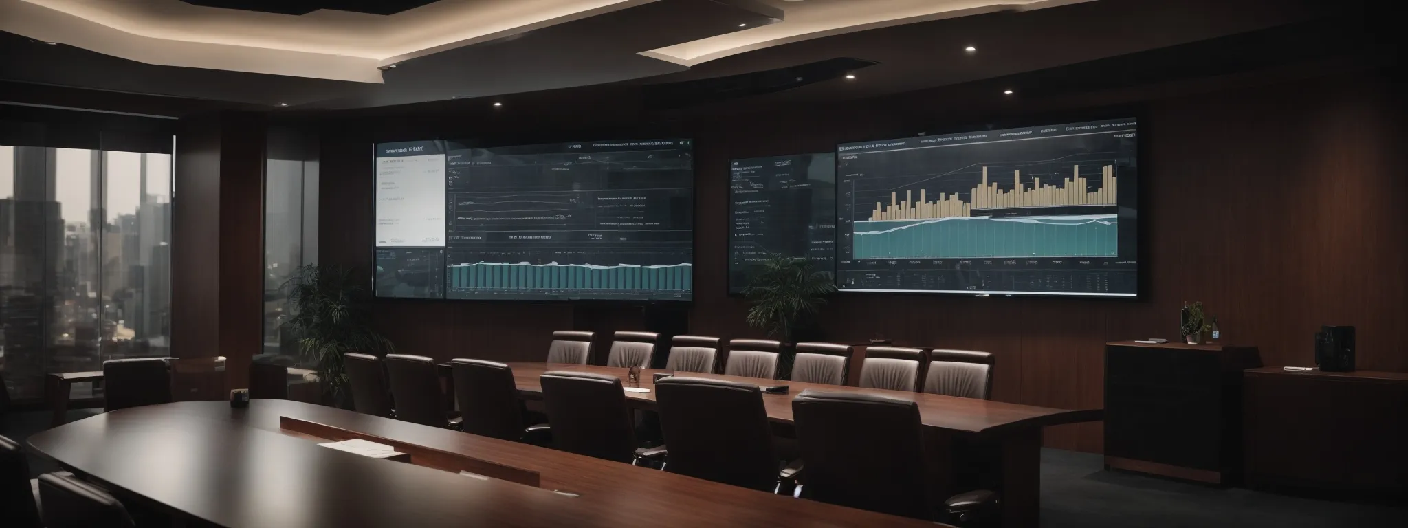 a professional meeting room with a large screen displaying analytics graphs.
