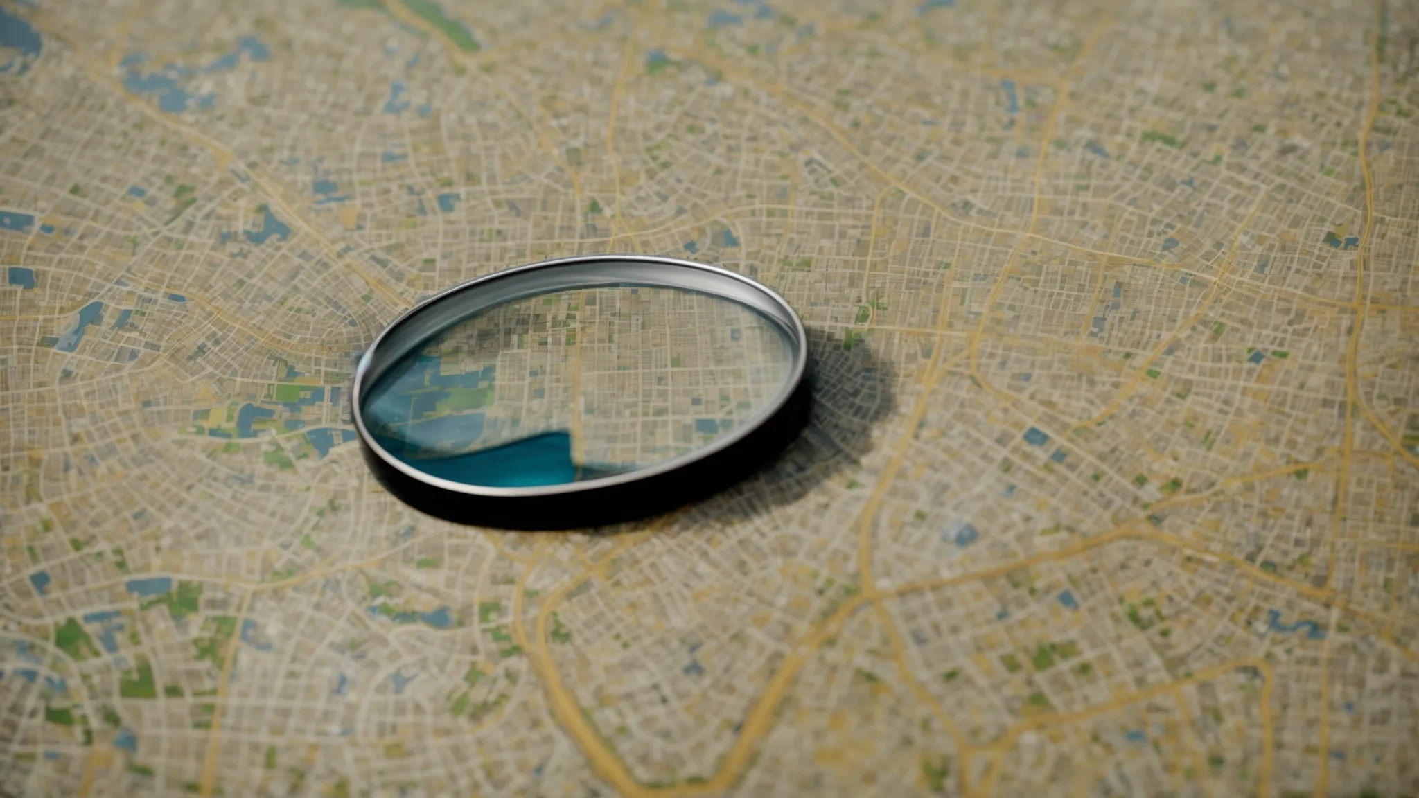 a magnifying glass hovering over a map pinpointing a city.
