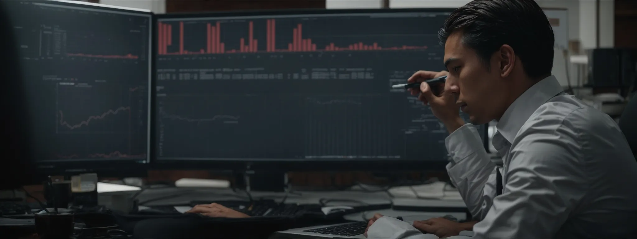 a marketer intently analyzes graphs and charts on a computer screen, strategizing over a digital advertising campaign.