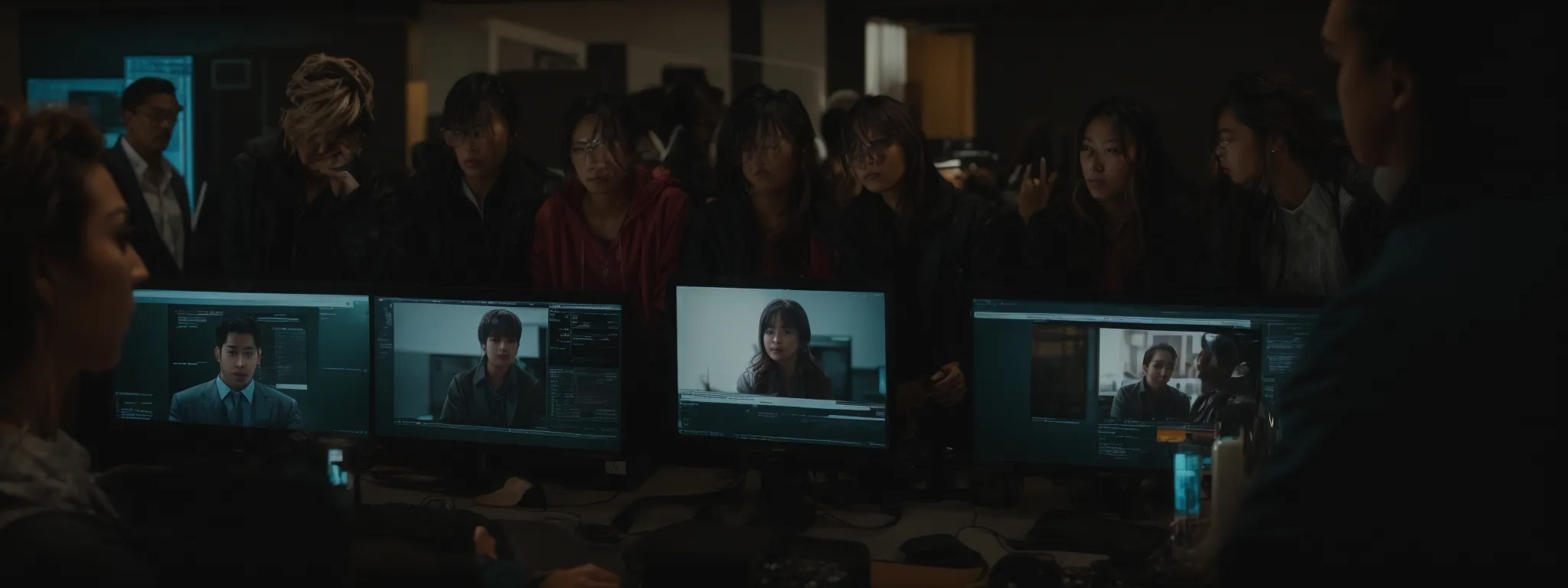 a diverse group of people gathered around a large computer screen, discussing strategies.