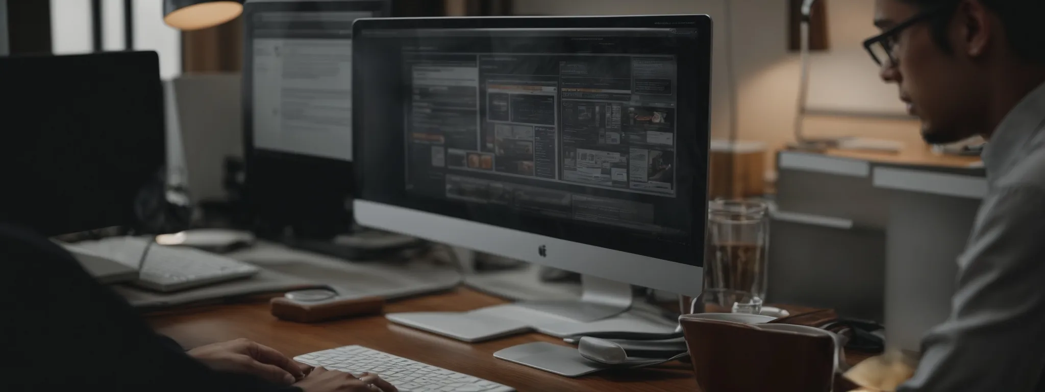 a web designer thoughtfully arranges navigational elements on a website mockup displayed on a computer screen.