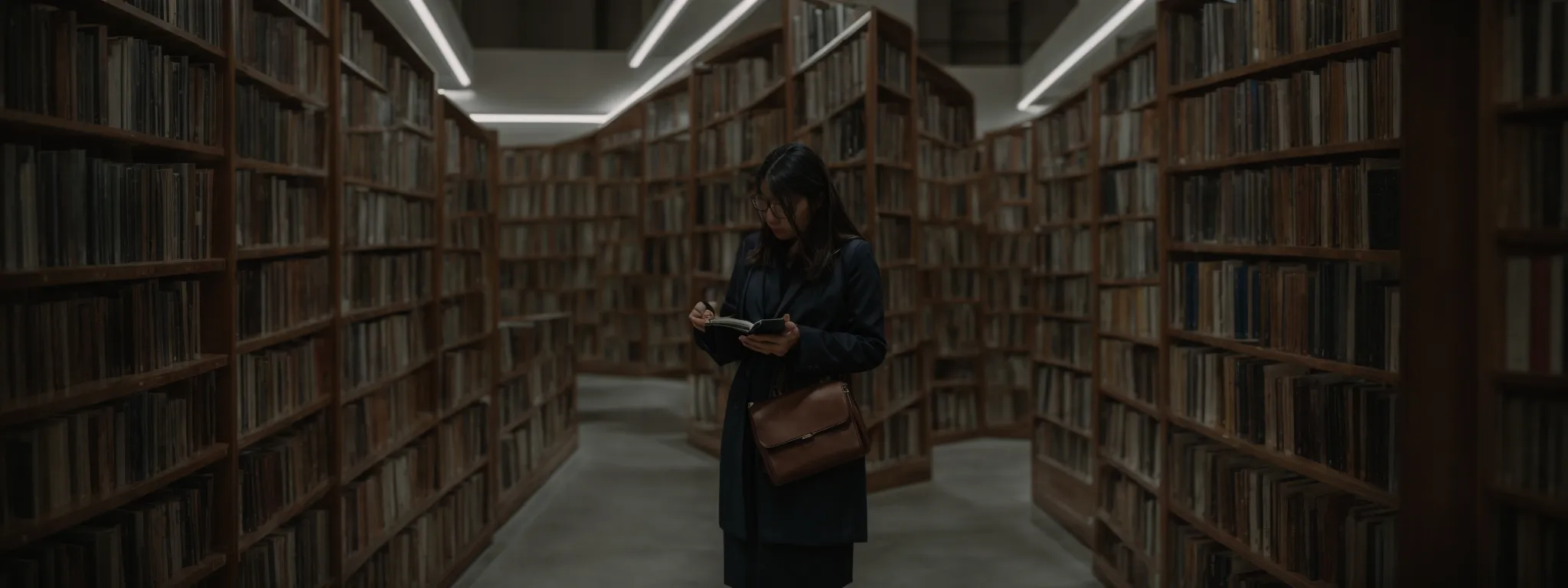 a person browses through a large, organized library of books, symbolizing the search for relevant information and keywords.
