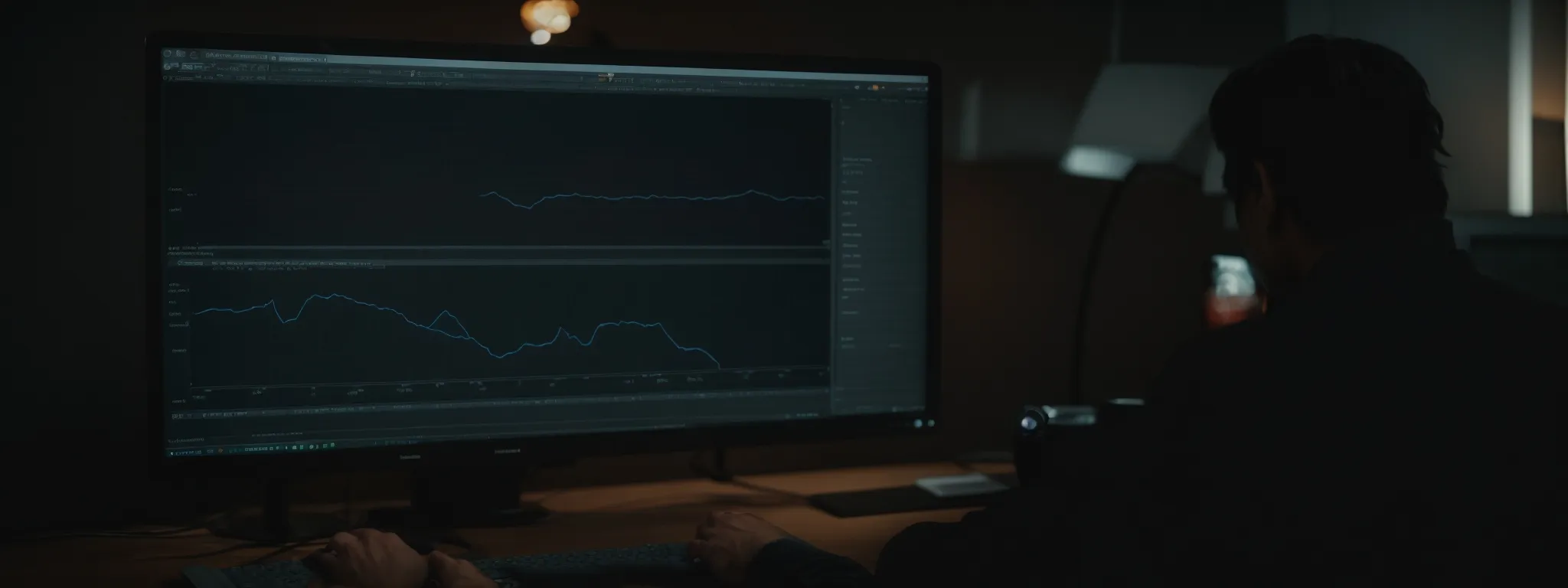 a person analyzes a rising graph on a computer screen, symbolizing increasing conversion rates due to seo efforts.