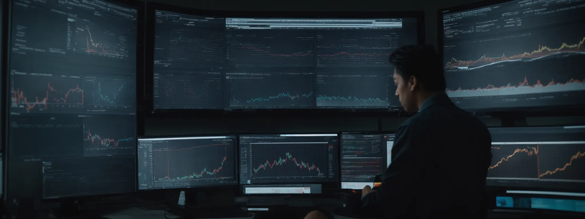a web analyst scrutinizes analytics dashboards, illustrating website traffic trends and the influence of strategy optimizations.