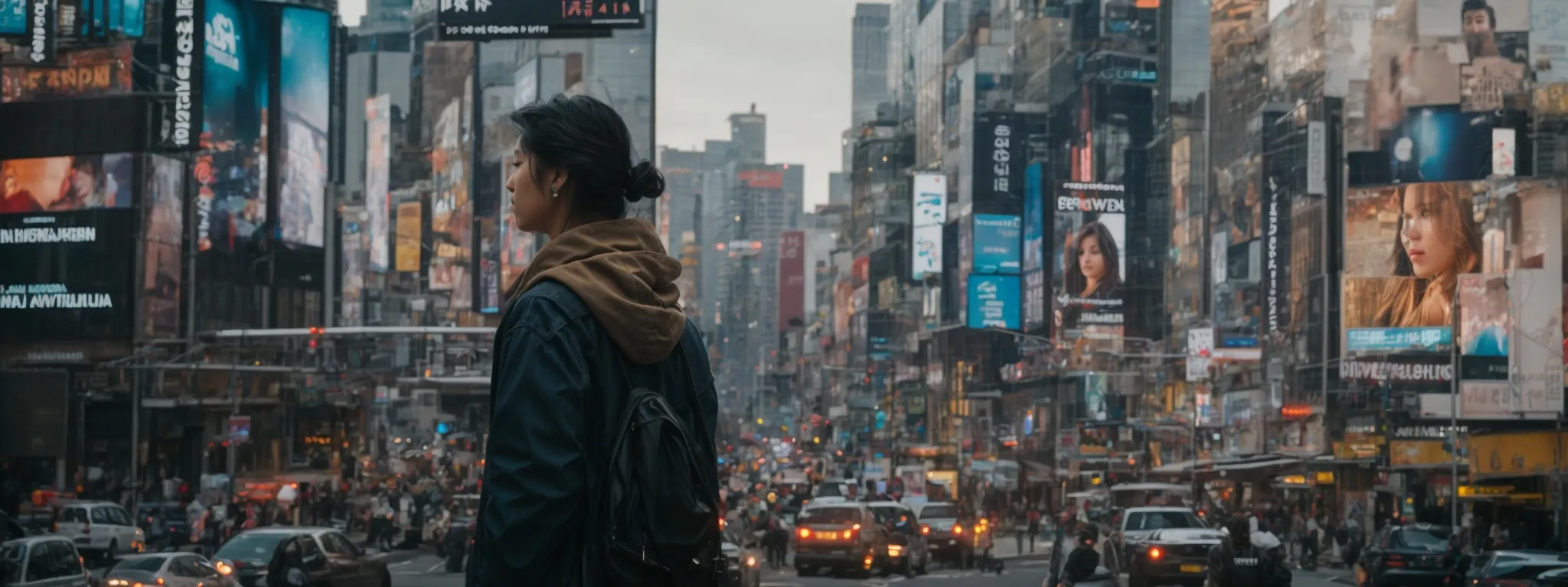 a person stands on a crowded street corner, gazing at a series of billboards displaying trending hashtag topics against a bustling city backdrop.