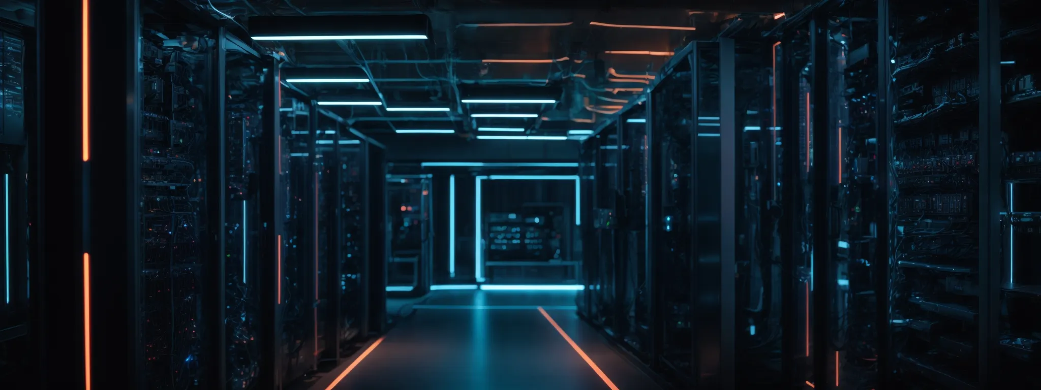 a futuristic server room with glowing lights indicating an active and complex network infrastructure.
