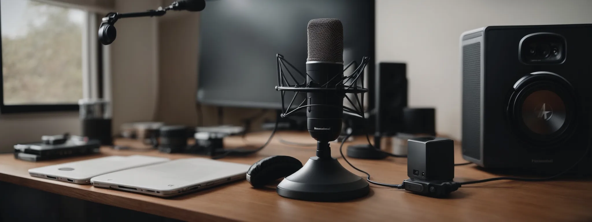 a modern home office setup with a microphone and headphones, suggesting a podcast recording environment.