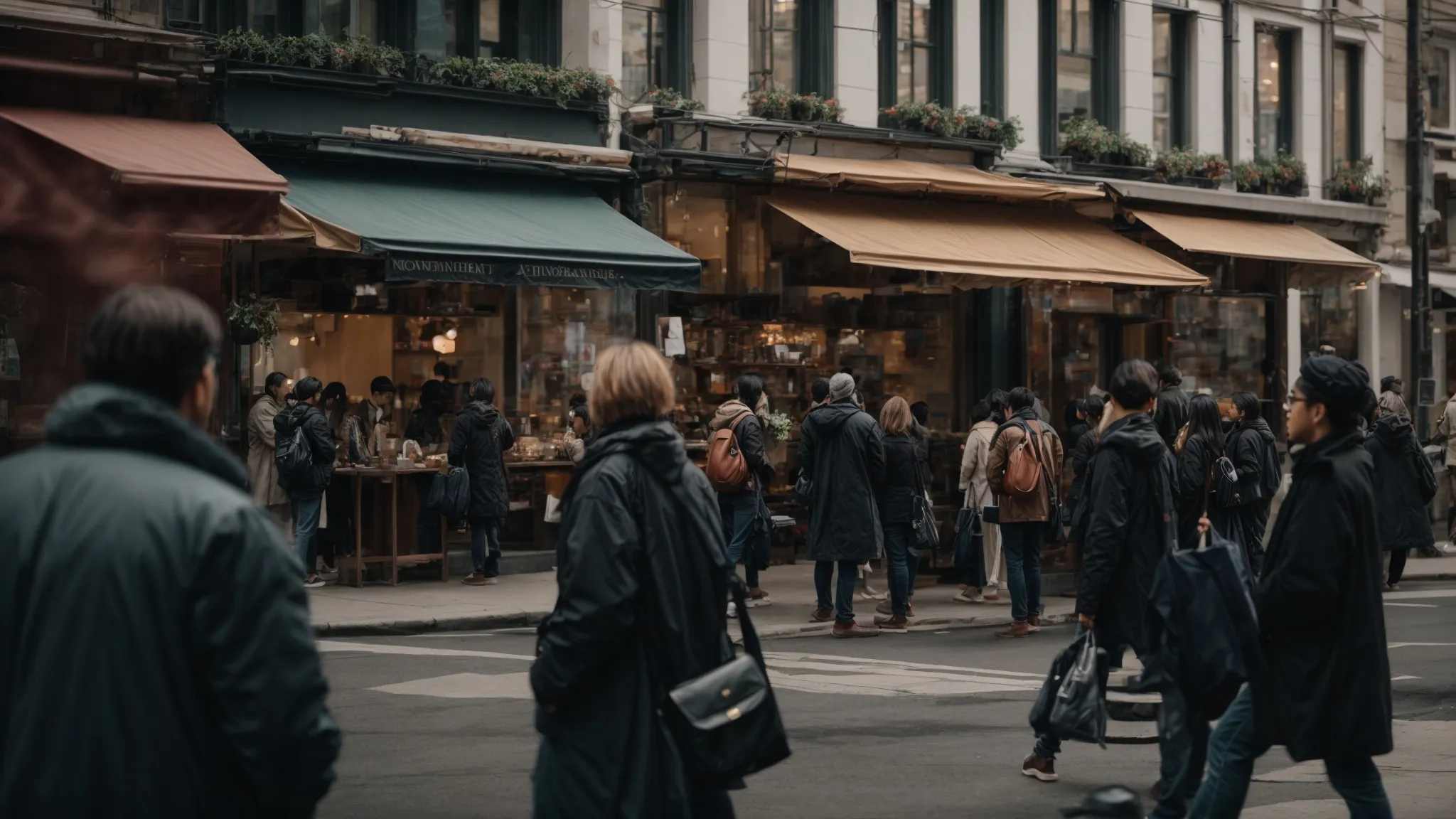 a bustling street corner with pedestrians intently navigating on their smartphones as they walk by various shops and cafes.