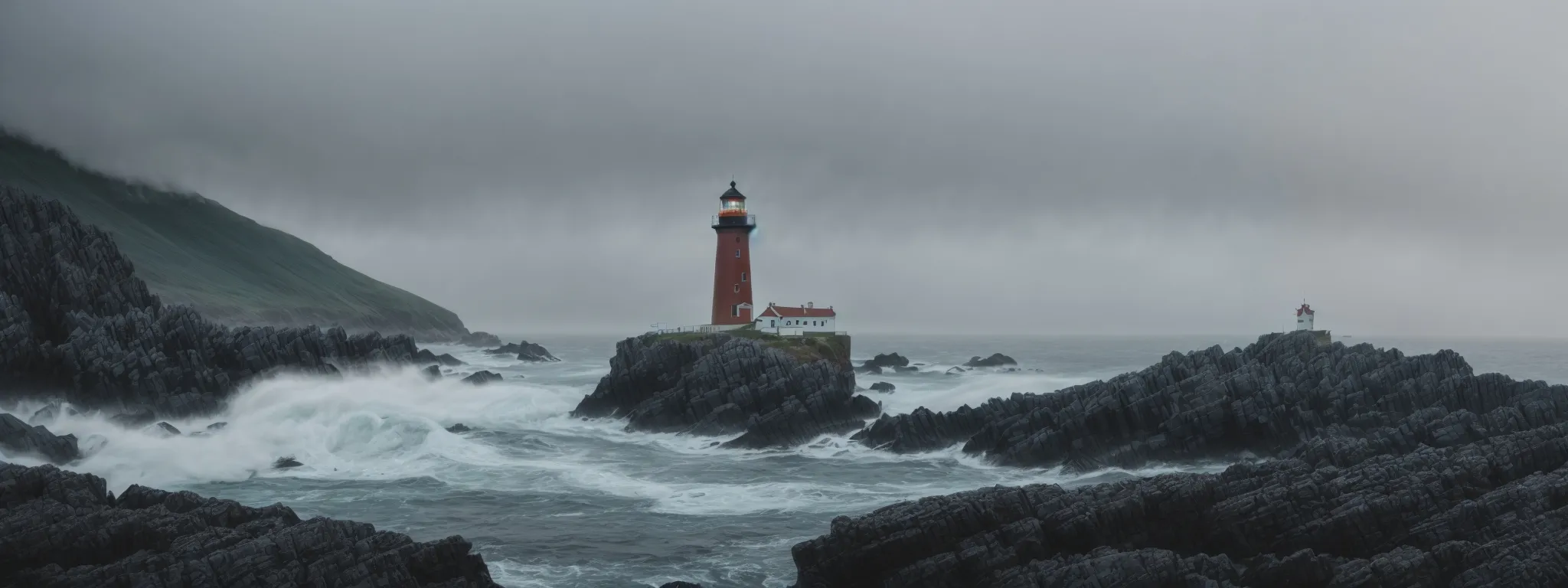 a lighthouse stands firm on a rocky shore, guiding vessels through a foggy maritime landscape.