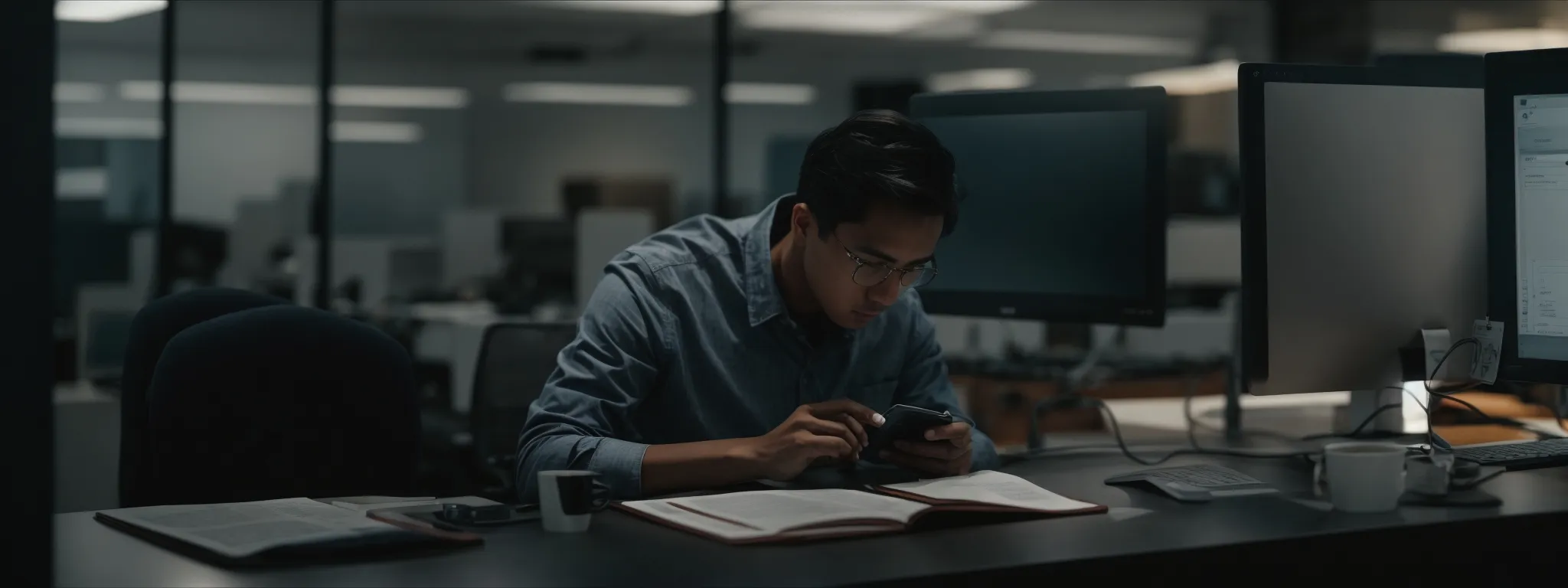 a person sits at a minimalist desk, focused intensely on a computer screen, amidst a serene, well-lit office environment.