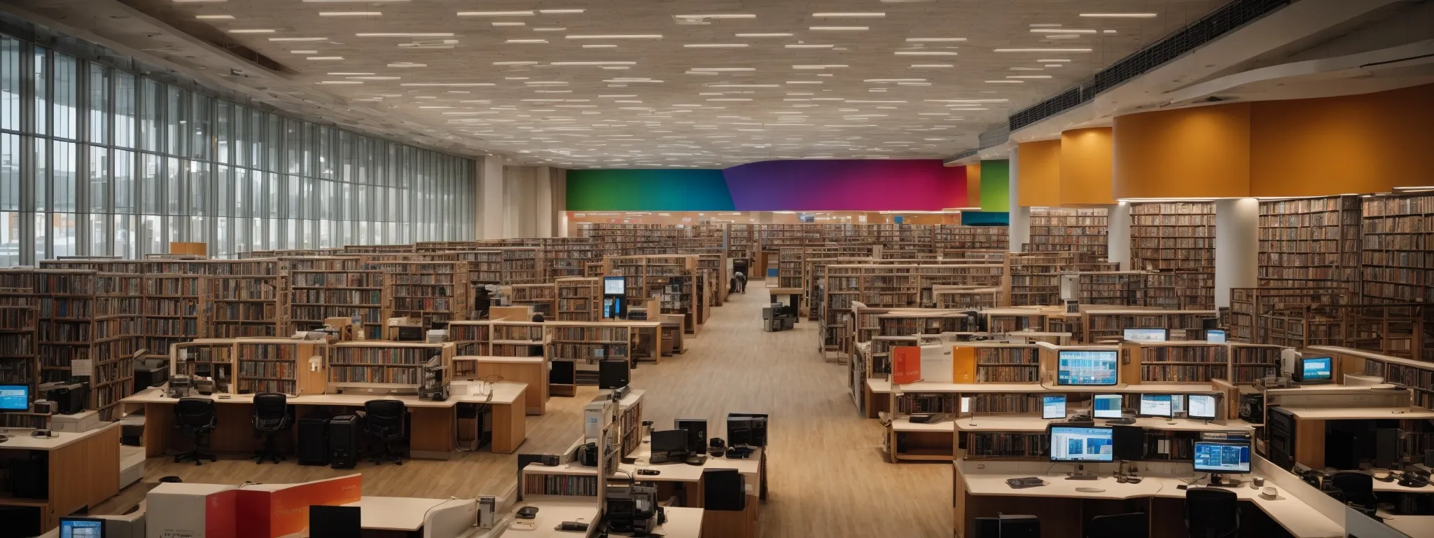 a wide-open library with an array of bustling workstations where each computer screen displays a colorful web of search queries.