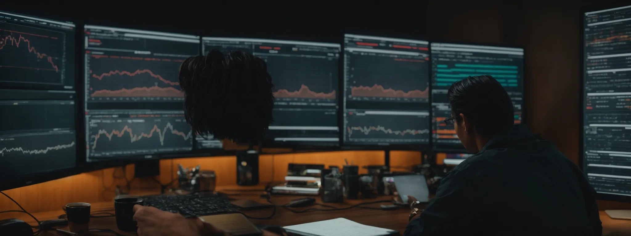 a digital marketer intently analyzes a dashboard displaying website traffic metrics on a modern computer screen.