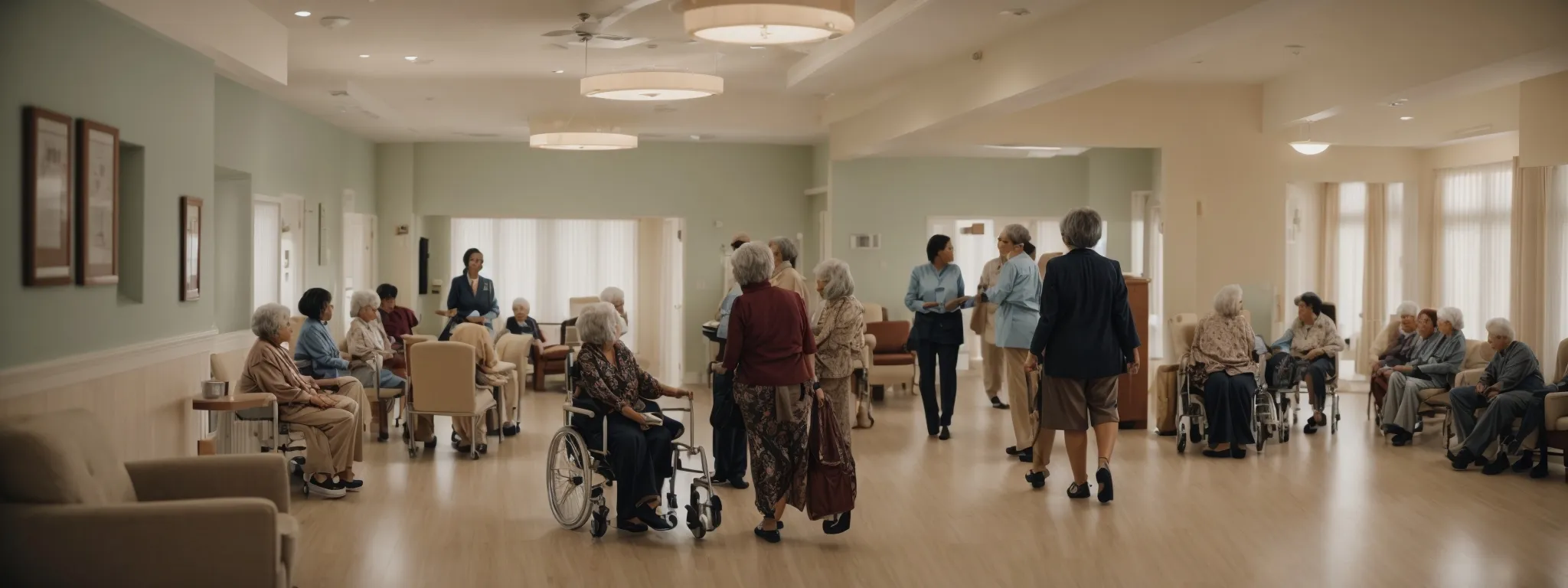 a camera records as a staff member guides a walk-through tour of a spacious, well-lit nursing home common area, with residents and caregivers interacting in the background.
