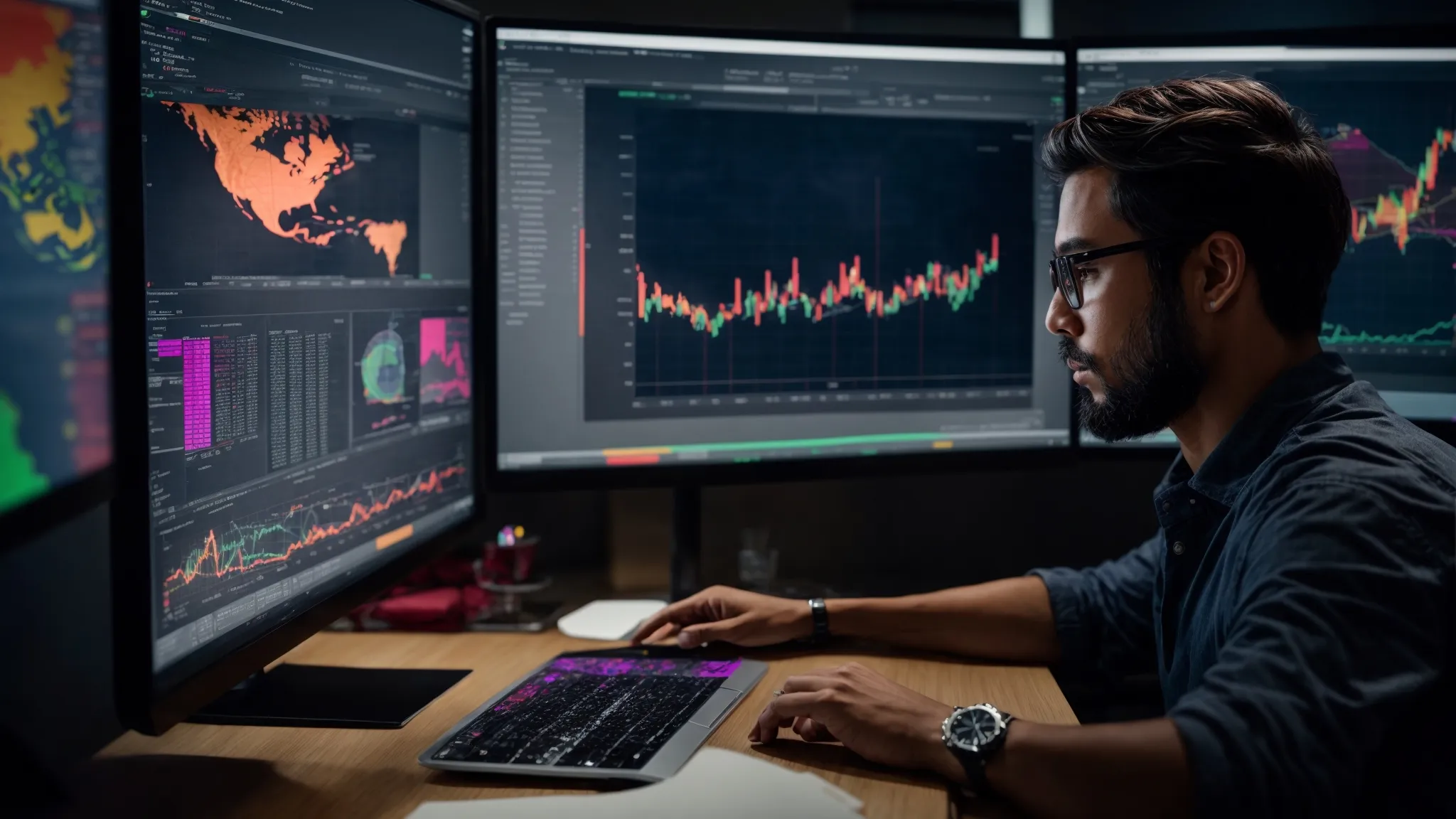 a focused individual, seated at a modern desk, attentively analyzes data on a computer screen displaying a colorful dashboard with geographic maps and analytics graphs.