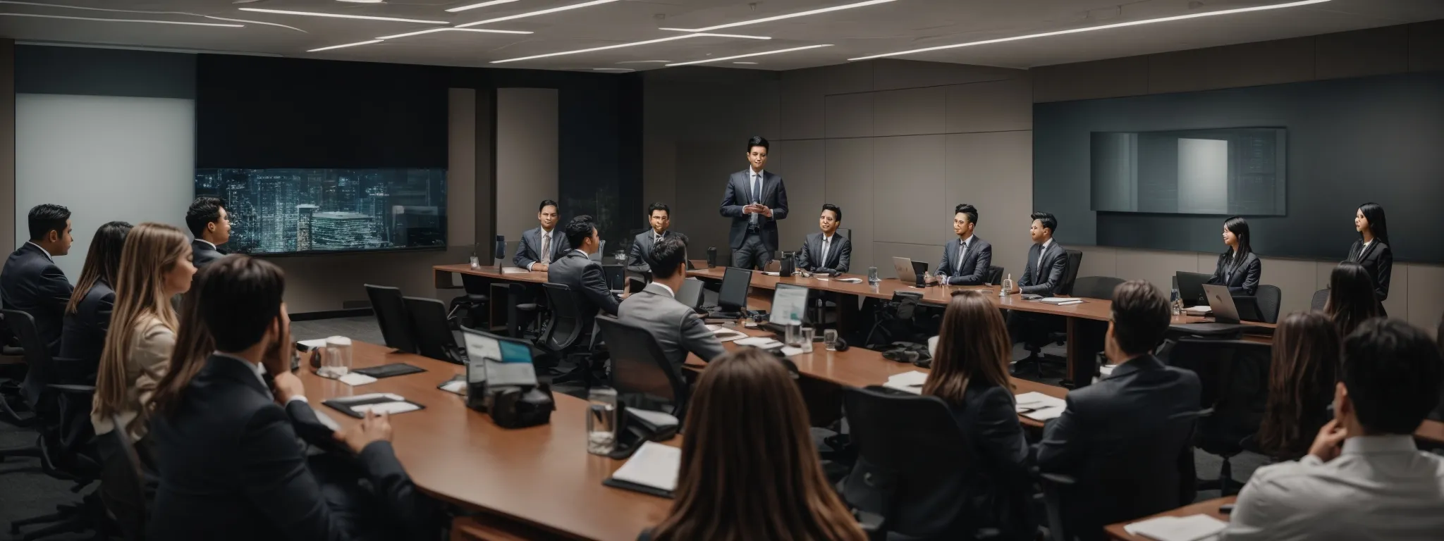 a conference room with seo professionals intently focused on a presentation about google's new seo grading updates.