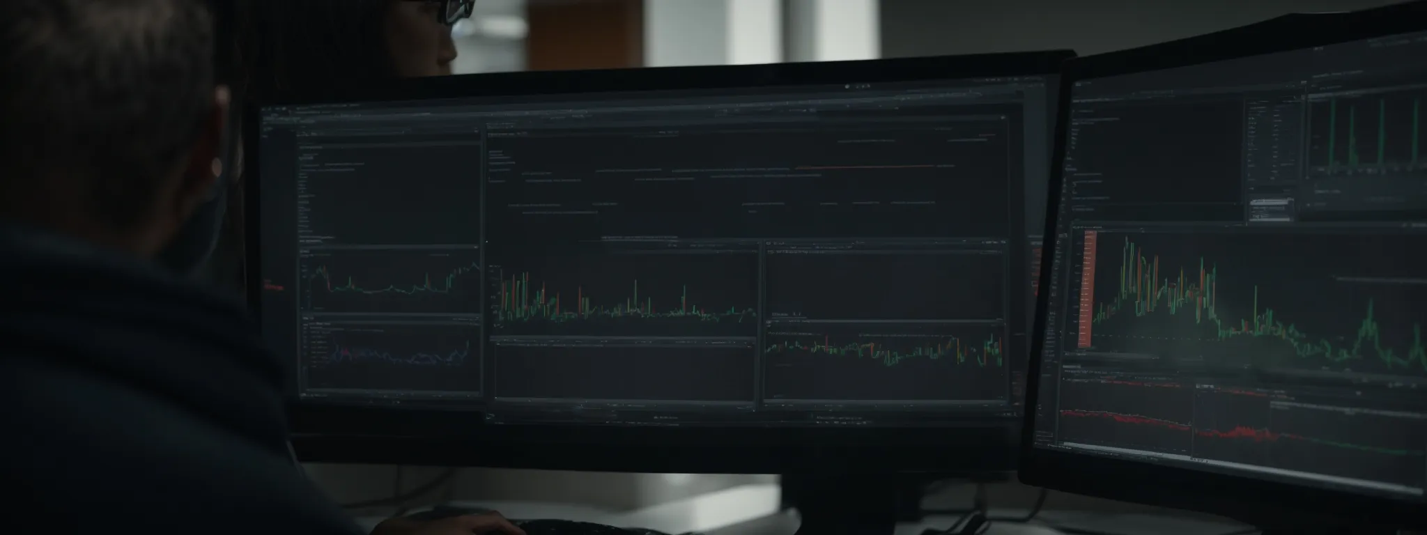 a professional analyzing an intricate seo dashboard on a computer screen showing various performance metrics.