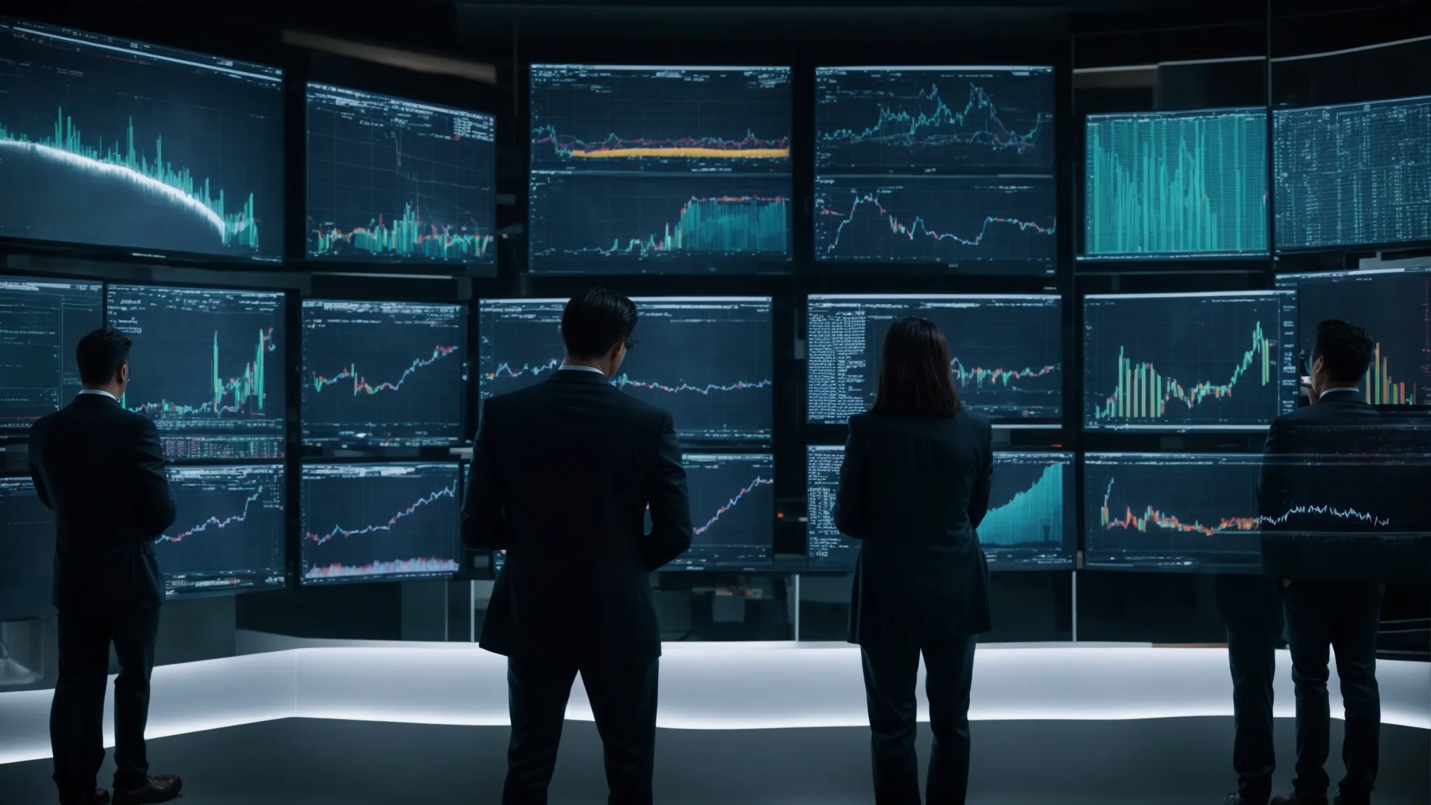 a group of analysts staring intently at complex data visualization screens, contemplating seo strategies.