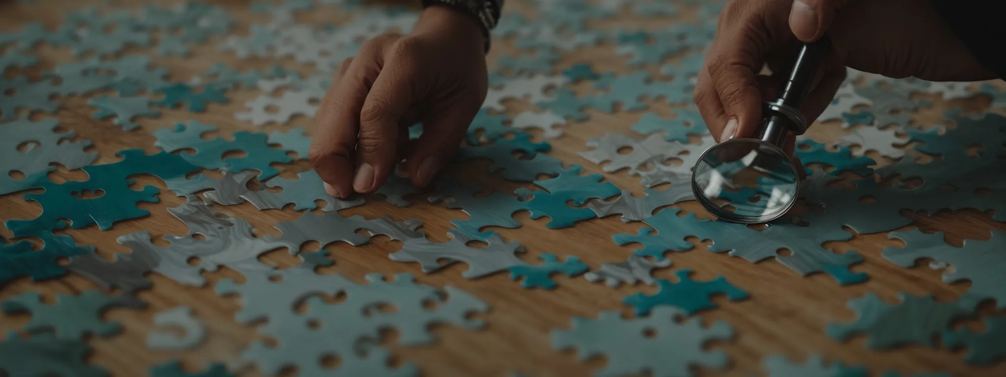 a person with a magnifying glass examining a large puzzle piece symbolizing 