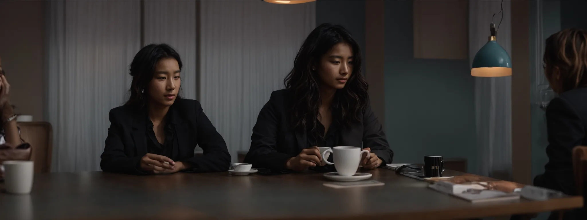 two individuals sit across from each other, coffee cups on the table, engrossed in an animated conversation.